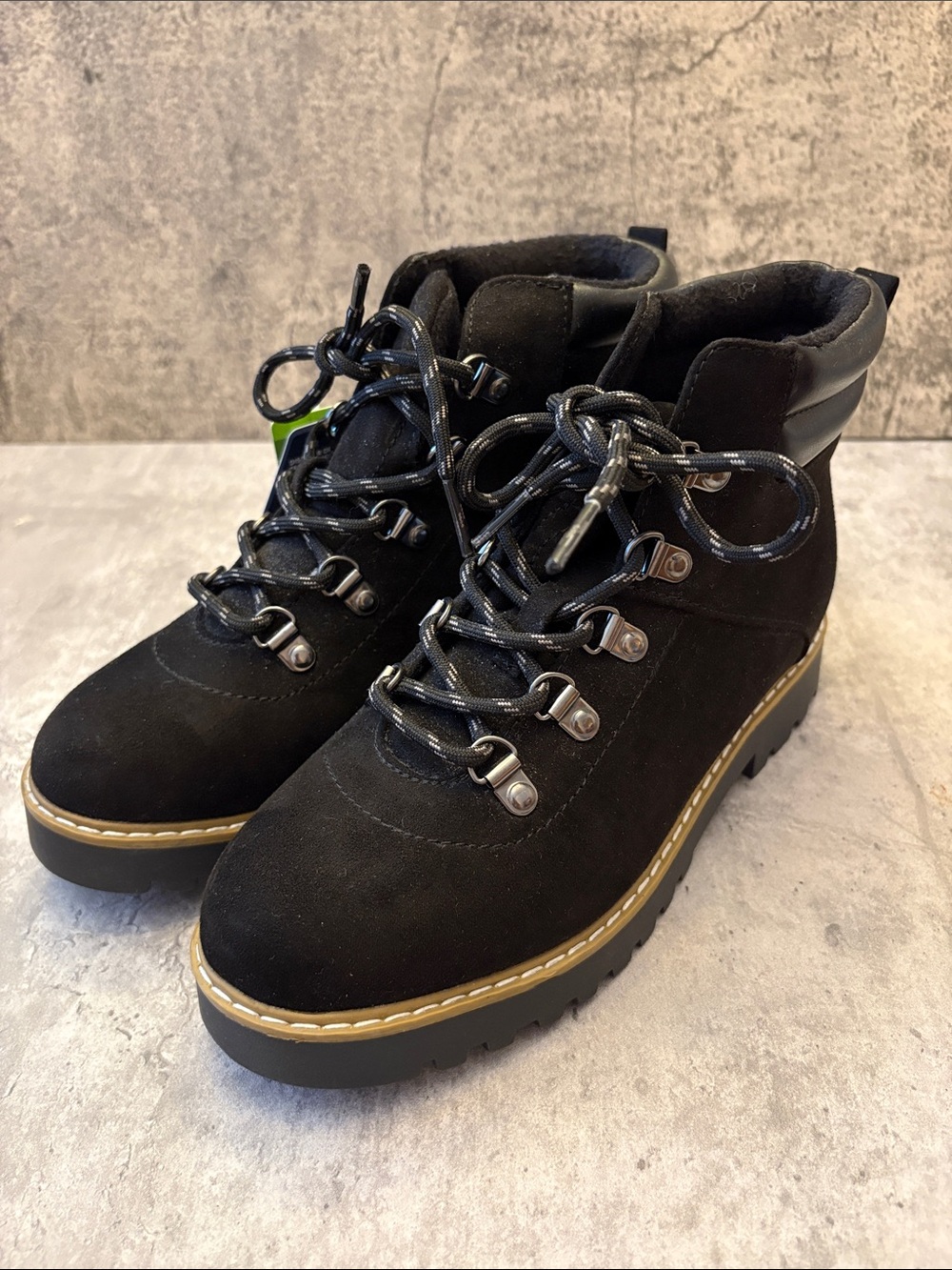 Sonoma women’s size 6.5 Black faux Suede Lace-Up Lug Boots w/tan trim NWT new